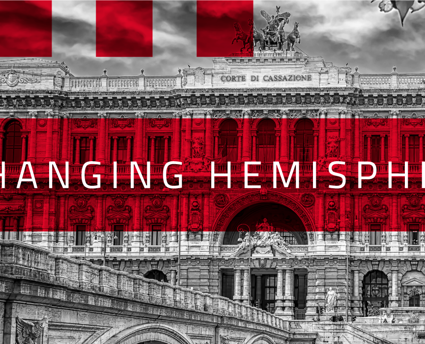 A imagem mostra um palácio de justiça, em preto e branco e o nome do programa "Exchanging Hemispheres" na frente. As cores da imagem são preto branco e vermelho.  